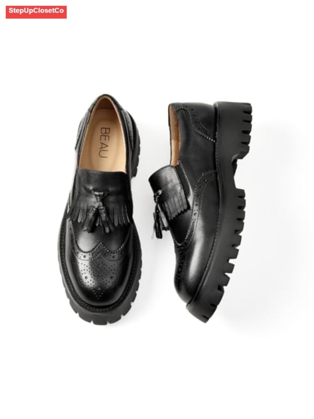 Chunky Loafers for Women, Leather Platform Lug Sole Tassel Slip On Dressy Work